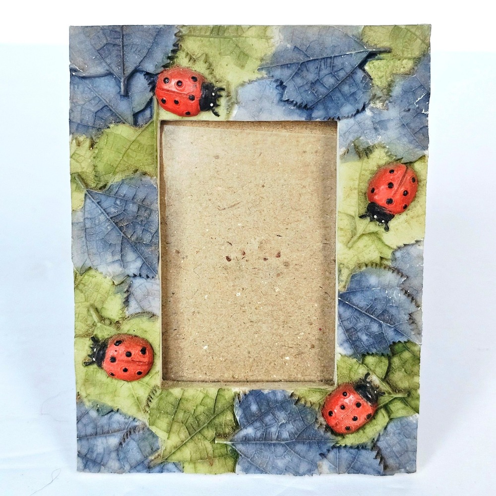 Vintage Ladybug Leaf Miniature Picture Frame 2x3 Whimsical Garden Decor Kitsch